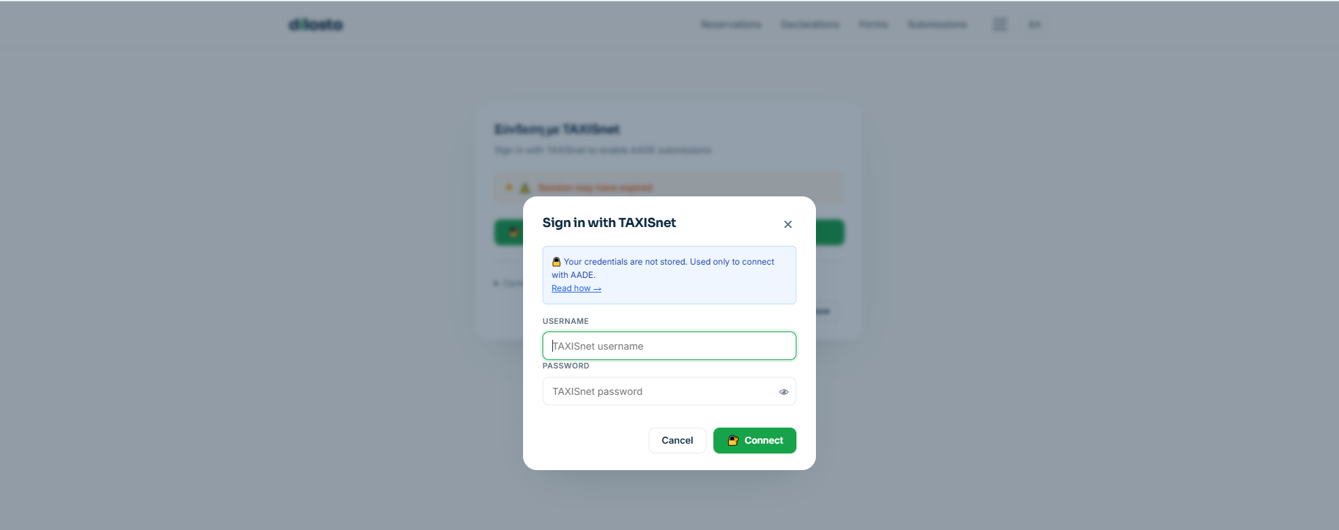 The TAXISnet sign-in dialog with the username and password fields