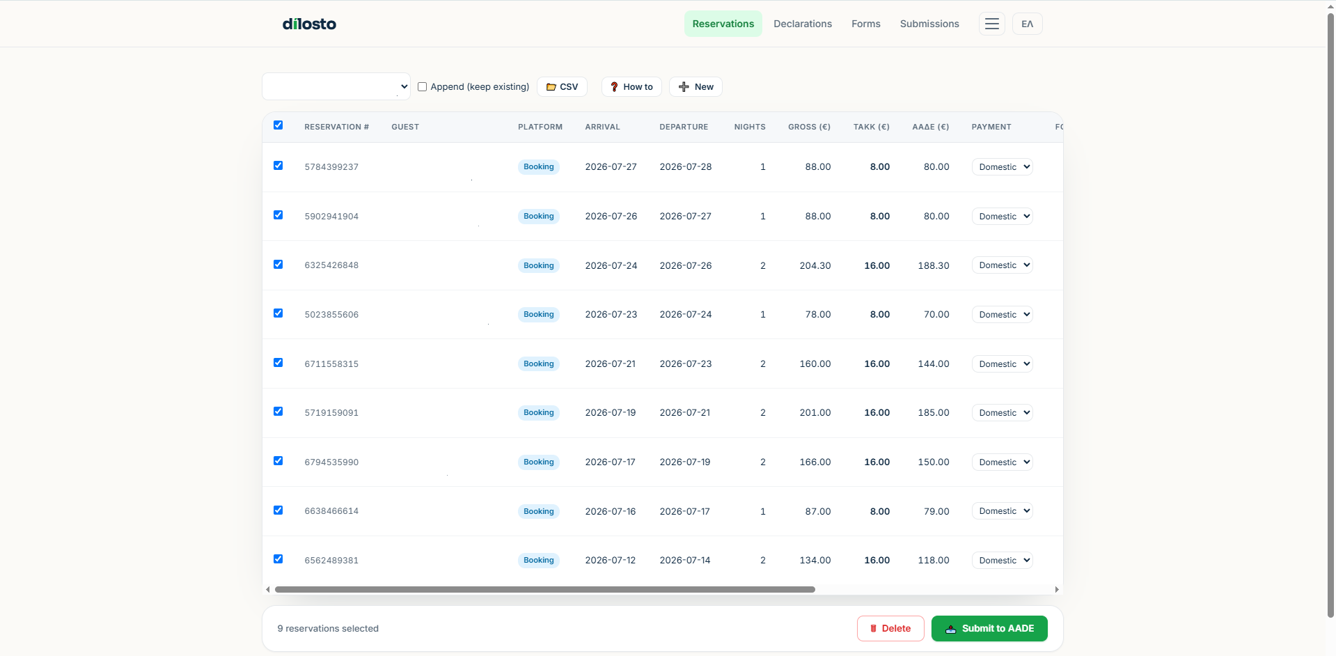 Selected reservations with the Submit to AADE button active