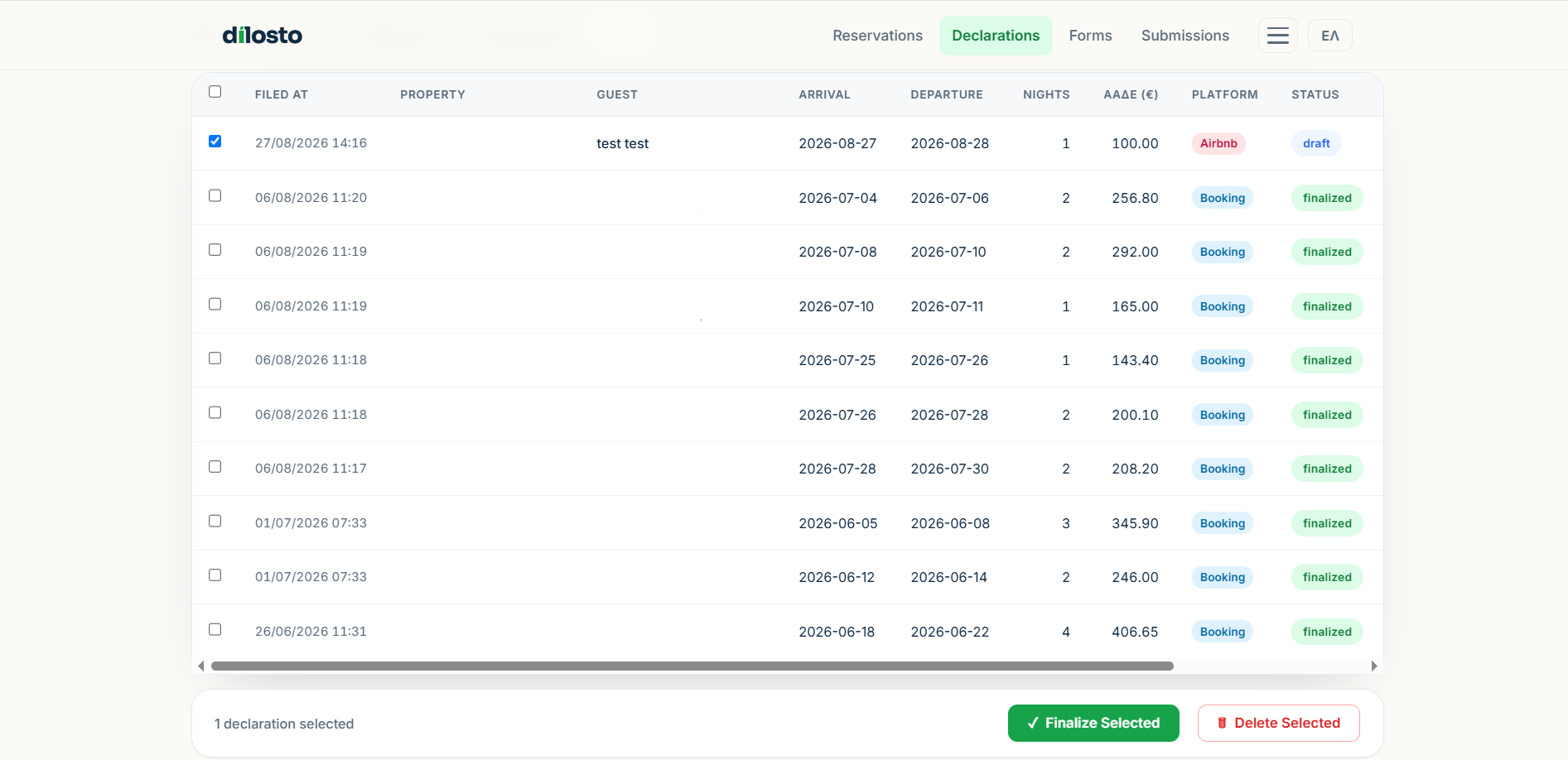 Draft declarations selected with the Finalize Selected button active