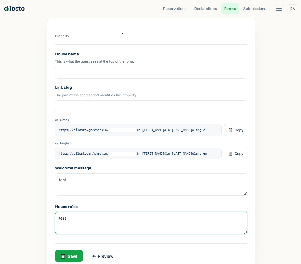 The check-in form settings card for one property